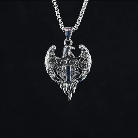 Vintage Stainless Steel Eagle Shield Pendant Necklace Hip Hop Punk Distressed Silver Star Wings Men Women Biker Jewelry