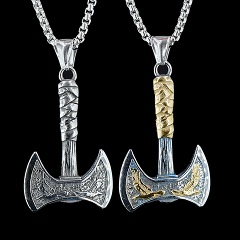 Collar con Colgante de Hacha Doble de Acero Inoxidable Vikingo Vintage para Hombres Mujeres Patrón de Aves en Relieve Joyería Punk Biker Rock