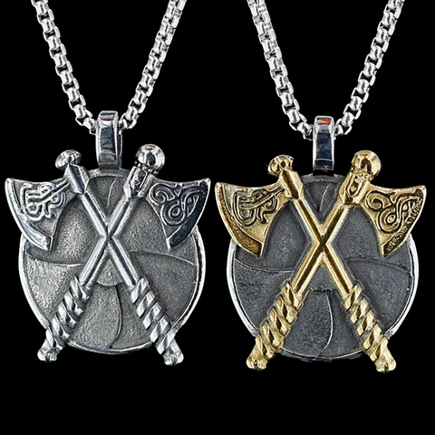 Collar de Colgante de Doble Hacha y Escudo Vikingo de Acero Inoxidable Nudo Celta Vintage Punk Joyería Para Hombres