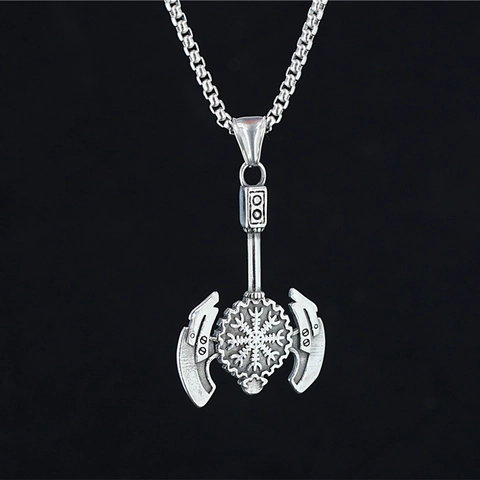Collana con Pendente ad Ascia a Doppia Testa Vichinga in Acciaio Inossidabile Bussola Vegvisir Rune Gioielli Retrò Uomo Donna