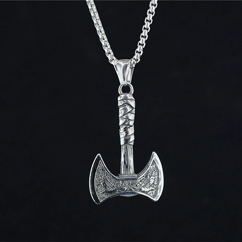 Collar con Colgante de Hacha Doble de Acero Inoxidable Vikingo Vintage para Hombres Mujeres Patrón de Aves en Relieve Joyería Punk Biker Rock