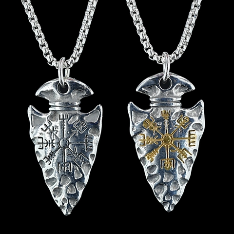 Collana con Ciondolo a Punta di Freccia Vichinga Vintage per Uomo in Acciaio Inossidabile Vegvisir Rune Incise Gioielli Hip Hop