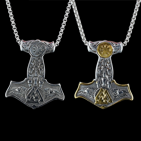 Collier Pendentif Marteau de Thor Viking Vintage en Acier Inoxydable Mjölnir Valknut Vegvisir Corbeau Bijoux de Mythologie Nordique pour Hommes