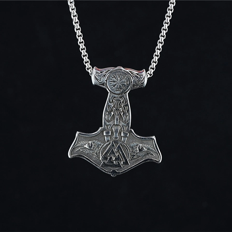 Collier Pendentif Marteau de Thor Viking Vintage en Acier Inoxydable Mjölnir Valknut Vegvisir Corbeau Bijoux de Mythologie Nordique pour Hommes
