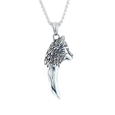 Vintage Titanium Steel Wolf Head Tusk Pendant Necklace For Men Retro Punk Hip Hop Style Animal Jewelry Wolf Tooth Charm