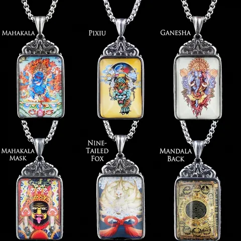Collana con Pendente Thangka Dipinto in Acciaio al Titanio Retro per Uomo Donna Ganesha Pixiu Volpe a Nove Code Gioielli Religiosi