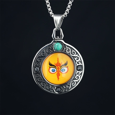 Vintage Titanium Steel Buddhist Thangka Necklace With Artificial Turquoise Retro Religious God Of Wealth Pendant Jewelry For Men Women