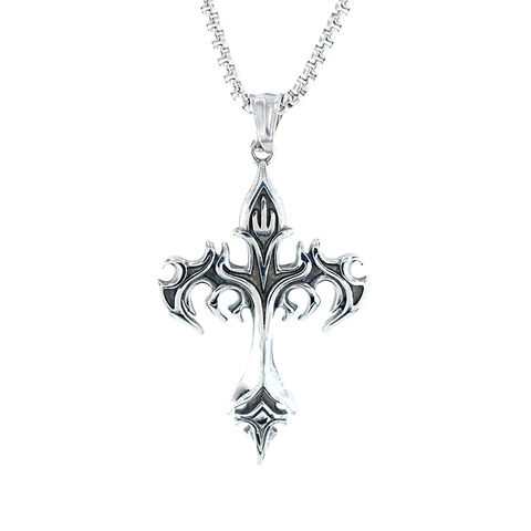 Collier Pendentif Croix de Flamme en Acier Titane Gothique Vintage Homme Hip Hop Punk Bijoux Rétro Argent Chaîne Pull