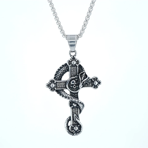 Collana Gotica a Croce in Acciaio Inossidabile Vintage per Uomo Pendente Punk Rock con Teschio e Serpente Gioielli Hip Hop Regalo