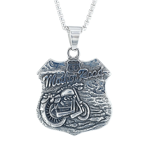Collier Pendentif Bouclier Moto Route 66 en Acier Titane Vintage pour Hommes Bijoux de Mode Biker Hip Hop Usés