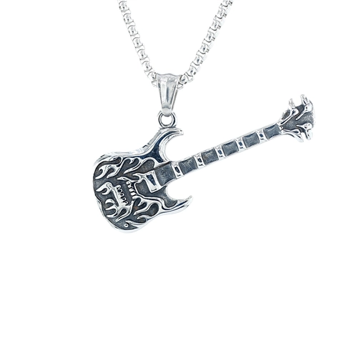 Retro Punk Rock Electric Guitar Pendant Necklace For Men Stainless Steel Flame Pattern Hip Hop Box Chain Jewelry Gift
