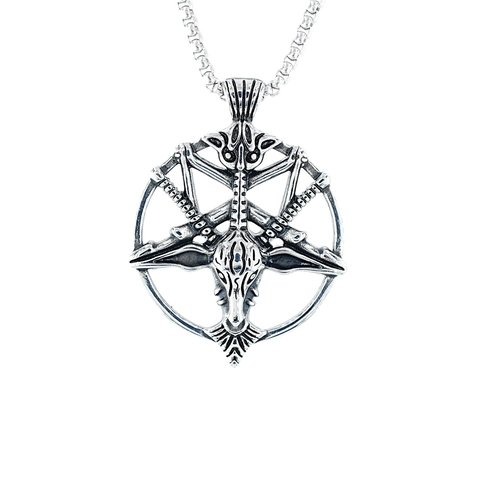 Collar de Colgante Baphomet Satanás Cabeza de Cabra Pentagrama de Acero de Titanio Plata Antigua Punk Joyería de Hombre Hip Hop