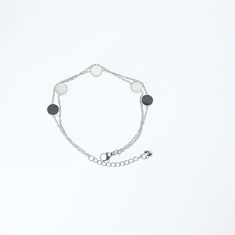Bracciale Doppio Strato in Acciaio al Titanio con Perla Artificiale Donna Ciondoli a Disco Circolare Nero Bianco Gioielli