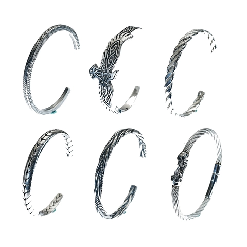 Vintage Stainless Steel Opening Cuff Bracelet For Men Women Viking Eagle Celtic Knot Skull Texture Retro Silver Bangle Jewelry