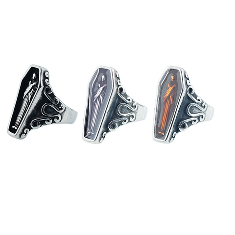 Gothic Coffin Relief Ring Titanium Steel Vampire Character Embossed Vintage Punk Style Unisex Fashion Jewelry Finger Ring