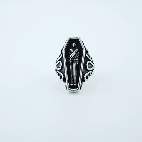 Anello Gotico in Acciaio al Titanio con Bara e Teschio Retro Punk Croce Cuore Rilievo Anello Regolabile Uomo Donna Gioielli Vintage