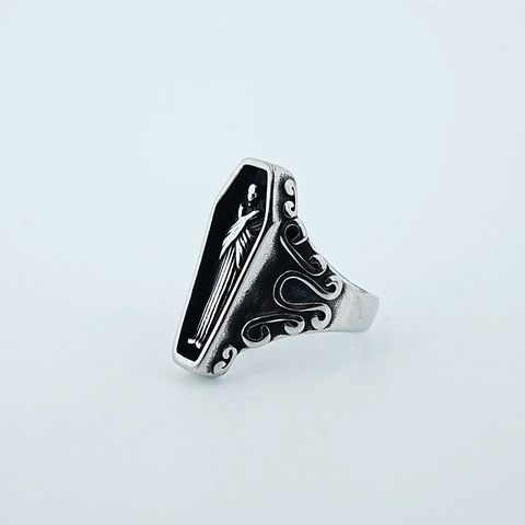 Anello Gotico in Acciaio al Titanio con Bara e Teschio Retro Punk Croce Cuore Rilievo Anello Regolabile Uomo Donna Gioielli Vintage