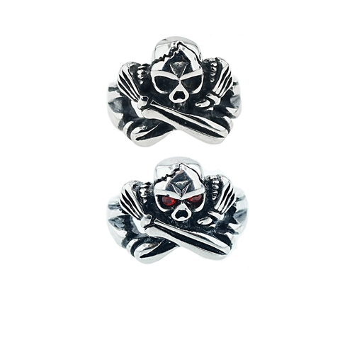 Vintage Gothic Skull Crossbones Ring For Men Titanium Steel Antique Silver Punk Rock Biker Jewelry With Red Rhinestone Eyes
