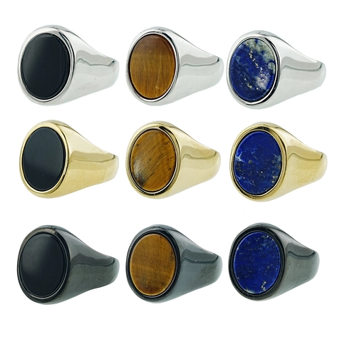 Anello con Sigillo da Uomo in Acciaio al Titanio Vintage Retrò Ovale Occhio di Tigre Onice Nero Intarsiato Lucido Acciaio Inossidabile