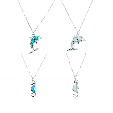 Collar de Colgante de Delfín y Caballito de Mar de Acero de Titanio y Ópalo Artificial para Mujer Joyería Retro Estilo Mori