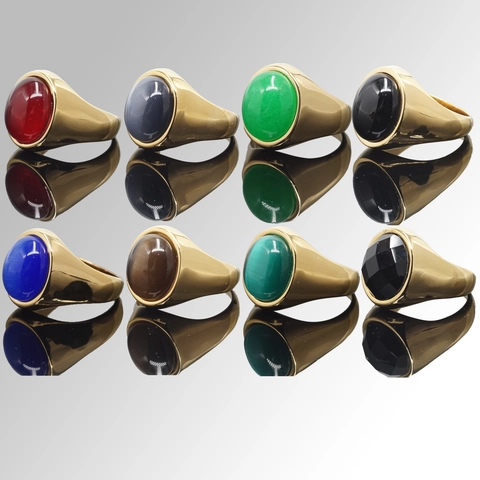 Vintage Stainless Steel Signet Ring For Men Women Multi Color Rhinestone Faux Gemstone Polished Geometric Fashion Jewelry Ring