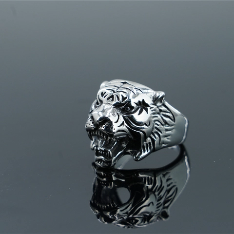 Anillo de Acero Inoxidable con Cabeza de Tigre para Hombre Retro Tigre Rugiente Banda de Animal Joyas Punk Góticas Oro Plata
