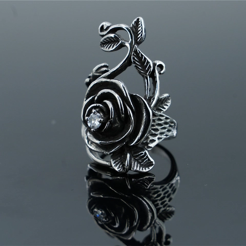 Vintage Rosenring Edelstahl Zirkonia Blume Schmuck Damen Gothic Punk Stil Antik Silber Retro Accessoire
