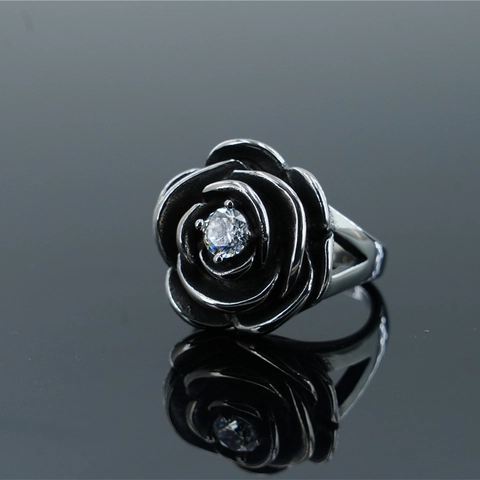 Vintage Stainless Steel Rose Flower Ring With Zirconia Inlay Gothic Punk Style Band Ring For Men Women Daily Jewelry