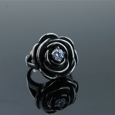 Vintage Stainless Steel Rose Flower Ring With Zirconia Inlay Gothic Punk Style Band Ring For Men Women Daily Jewelry