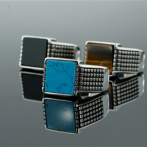 Vintage Stainless Steel Square Signet Ring For Men With Turquoise Black Agate Tiger Eye Stone Punk Bold Band Jewelry Gift