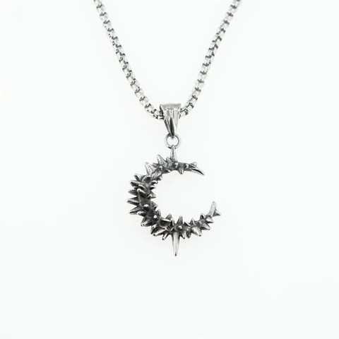 Gothic Punk Spiky Thorn Moon Pendant Necklace Stainless Steel Vintage Silver Crescent Moon Jewelry For Men Women