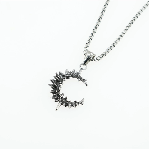 Gothic Punk Spiky Thorn Moon Pendant Necklace Stainless Steel Vintage Silver Crescent Moon Jewelry For Men Women
