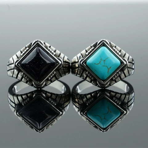 Retro Stainless Steel Square Stone Signet Rings For Men Vintage Punk Black Agate Artificial Turquoise Blue Sandstone Jewelry Finger Ring