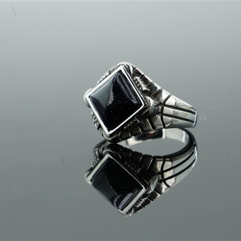 Retro Stainless Steel Square Stone Signet Rings For Men Vintage Punk Black Agate Artificial Turquoise Blue Sandstone Jewelry Finger Ring