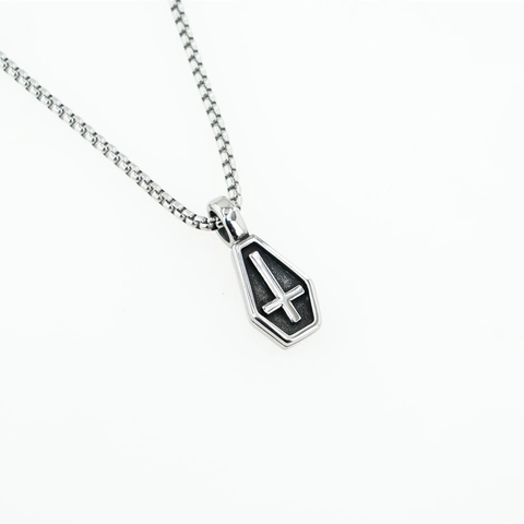 Stainless Steel Coffin Pendant Necklace For Men Women Gothic Inverted Cross Punk Retro Jewelry Box Chain Necklace For Party Daily