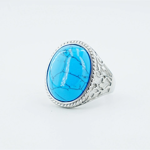Vintage Stainless Steel Oval Artificial Turquoise Ring For Men Women Bohemian Ethnic Style Carved Hollow Out Finger Ring Jewelry