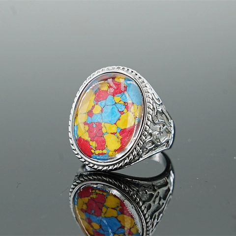 Vintage Stainless Steel Oval Artificial Turquoise Ring For Men Women Bohemian Ethnic Style Carved Hollow Out Finger Ring Jewelry