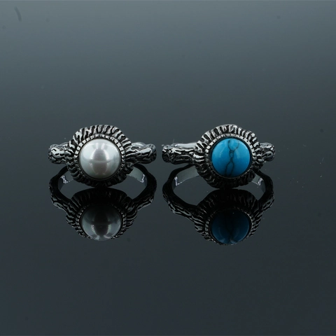 Vintage Titanium Steel Ring For Women Men Retro Distressed Tree Bark Texture Artificial Pearl Turquoise Rhinestone Bohemian Jewelry Finger Ring