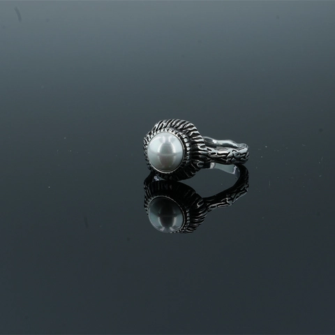 Vintage Titanium Steel Ring For Women Men Retro Distressed Tree Bark Texture Artificial Pearl Turquoise Rhinestone Bohemian Jewelry Finger Ring