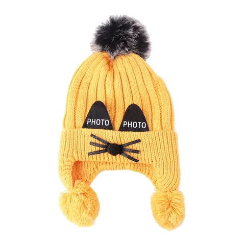Kids Winter Warm Knit Hat Cartoon Cat Earflap Beanie With Pom Poms Thermal Faux Fur Pullover Cap For Toddler Boys Girls