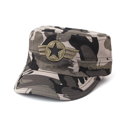 Militaire Stijl Cadet Hoed Katoen Canvas Plat Dak Zonbescherming Pet Met Borduurwerk Ster Vleugels Badge Voor Mannen Vrouwen Outdoor
