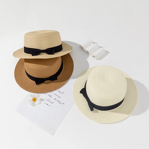 Damen Britischer Retro Strohhut Boater Hut Flacher Deckel Breite Krempe Sonnenschutz Sommer Strandhut Mit Schleife