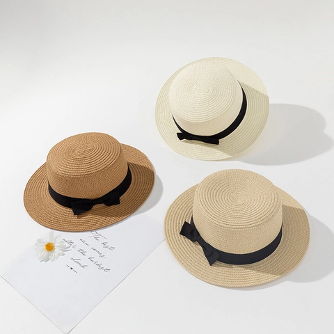 Damen Britischer Retro Strohhut Boater Hut Flacher Deckel Breite Krempe Sonnenschutz Sommer Strandhut Mit Schleife