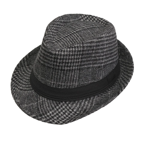 Britischer Vintage Wollstoff Kariert Fedora Hut Für Herren Herbst Winter Mode Jazz Gentleman Flat Top Hut Breite Krempe