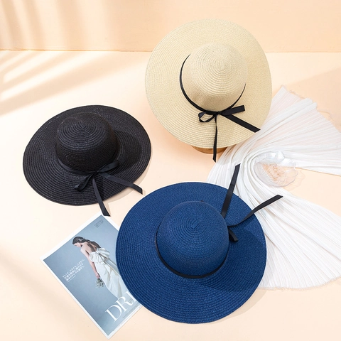 Chapeau de Paille à Large Bord pour Femmes Chapeau de Protection Solaire Élégant Avec Nœud Pliable pour la Plage Été