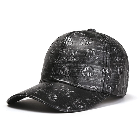 Berretto da Baseball in Pelle PU Punk con Teschio Goffrato Cappello Snapback Hip Hop Texture Metallica per Uomo Donna Moda