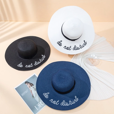 Women Summer Wide Brim Straw Beach Hat Flat Top Boater Hat With Letter Embroidery Ribbon Bow For Sun Protection Vacation