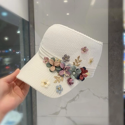 Visière Solaire Tricotée à Fleurs pour Femmes Casquette Vide Respirante d'Été Avec Fleurs 3D Faites à la Main pour Vacances