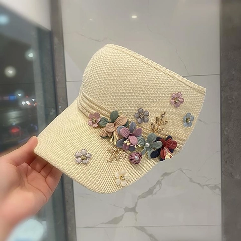 Visière Solaire Tricotée à Fleurs pour Femmes Casquette Vide Respirante d'Été Avec Fleurs 3D Faites à la Main pour Vacances