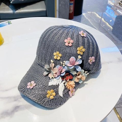 Berretto da Baseball da Donna in Maglia a Rete con Fiori 3D Traspirante Traforato con Visiera Strass Protezione Solare Moda Cappello Estivo